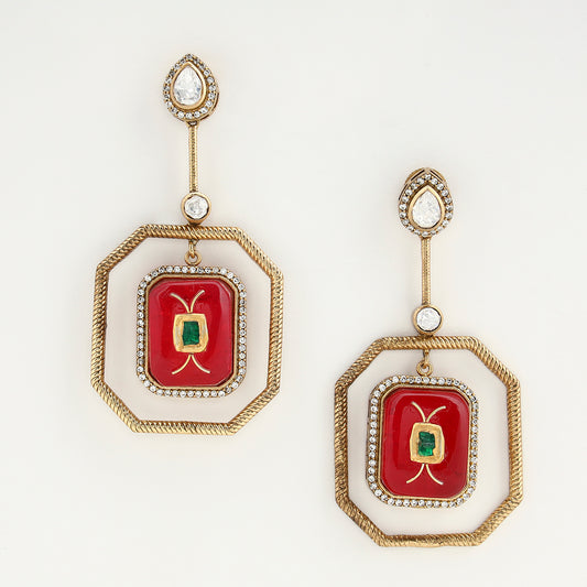 Vintage Ruby Red Kundan Drop Earrings