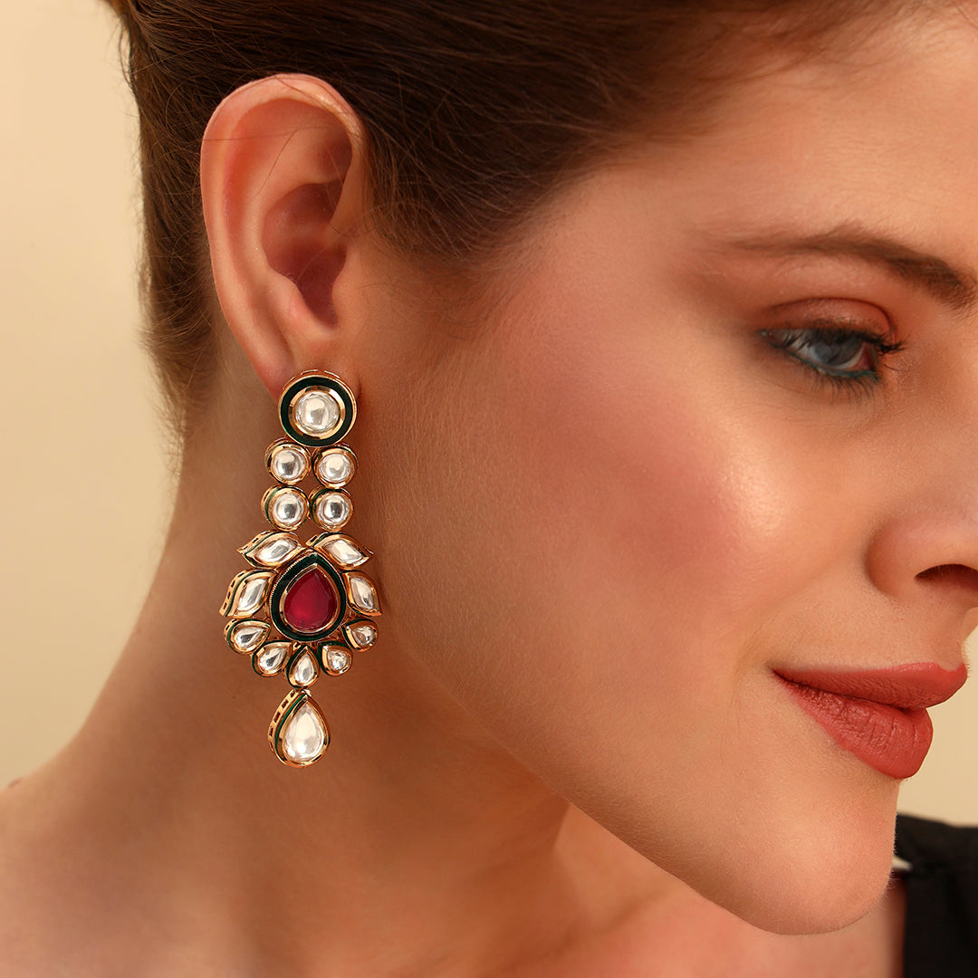 Kundan Earrings with Maroon Stone & Pearl