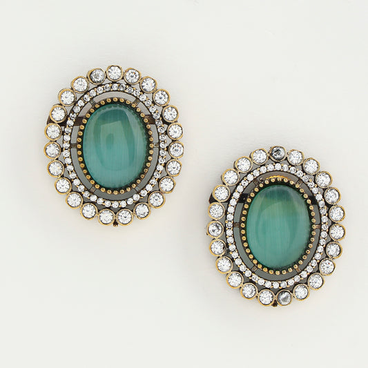 Oval Kundan Green Stud Earrings