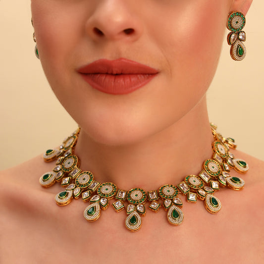 Green Kundan Necklace Set with White Moti