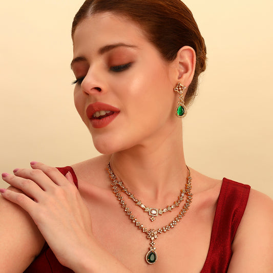 Premium Double Layer AD Necklace Set with Green Stone Pendant