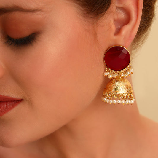 Ruby Onyx Gold-Plated Jhumki Earrings with Pearls